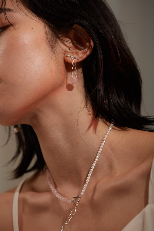 【心驛】里程_OT扣寶石珍珠不對稱純銀耳環 Mileage 925 Silver Earrings
