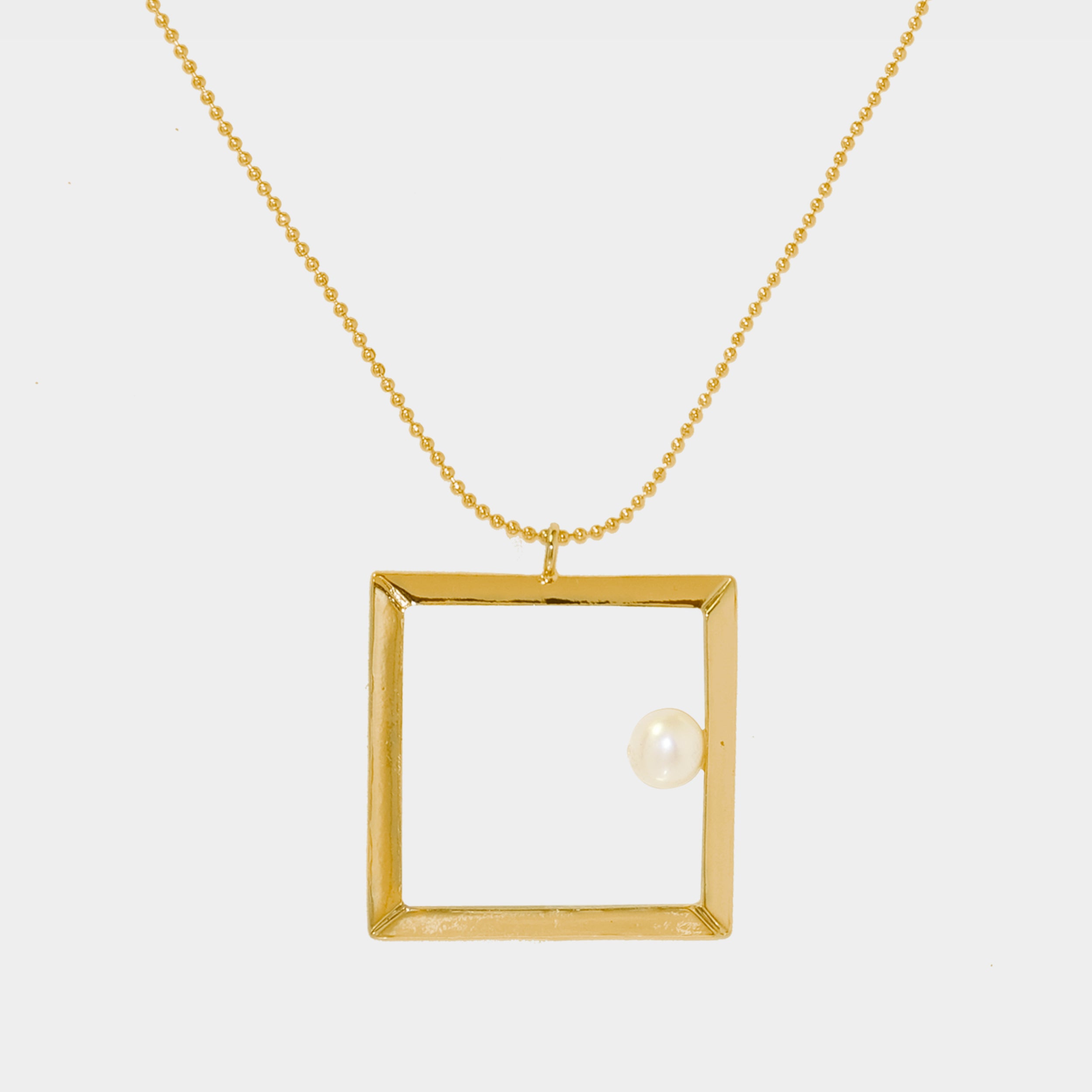 【Blooming】24-inch Large Square Frame Necklace / Sterling Silver, Brass Plated with 20K Gold 